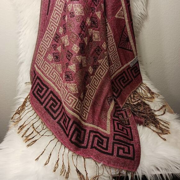 Pashmina EXOTIC Shoulder Wrap Shaw 68" x 25" Maroon & Gold LARGE Fringe Aztec - Picture 12 of 13